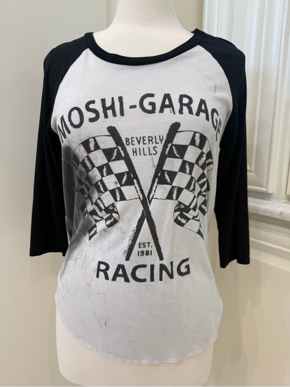 Lauren Moshi Black and White Racing Graphic Raglan Tee